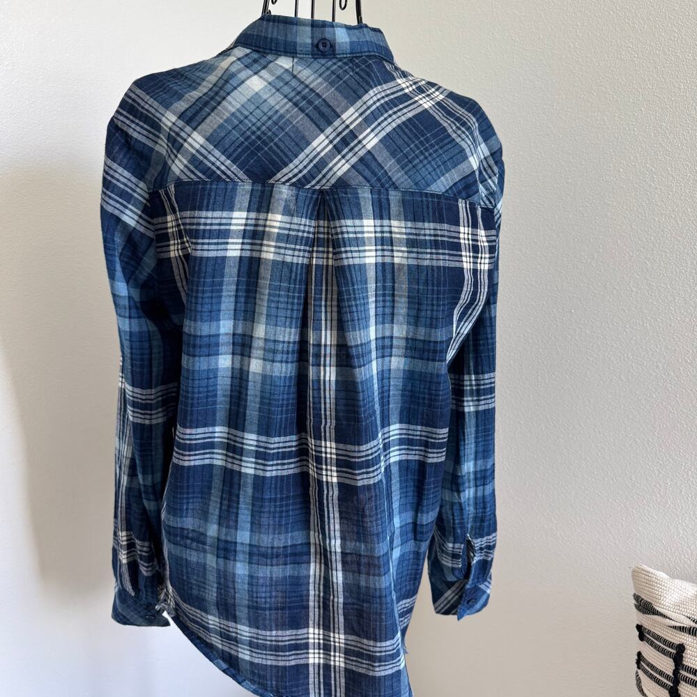 Bella Dahl Blue Western Plaid Frayed Hem Button-Down Top Size Small - Picture 3 of 10